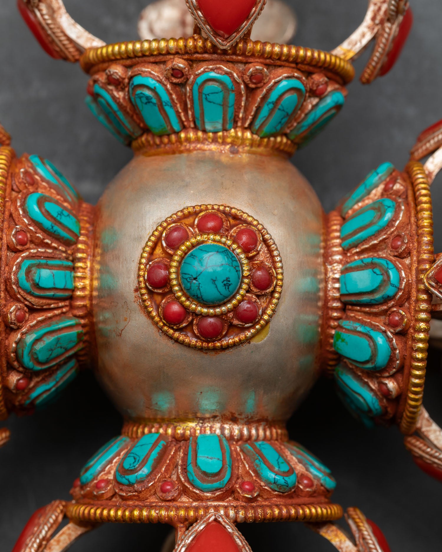 Handcrafted Cross Vajra Nepalese metalwork turquoise coral inlay detail