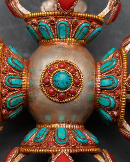 Handcrafted Cross Vajra Nepalese metalwork turquoise coral inlay detail