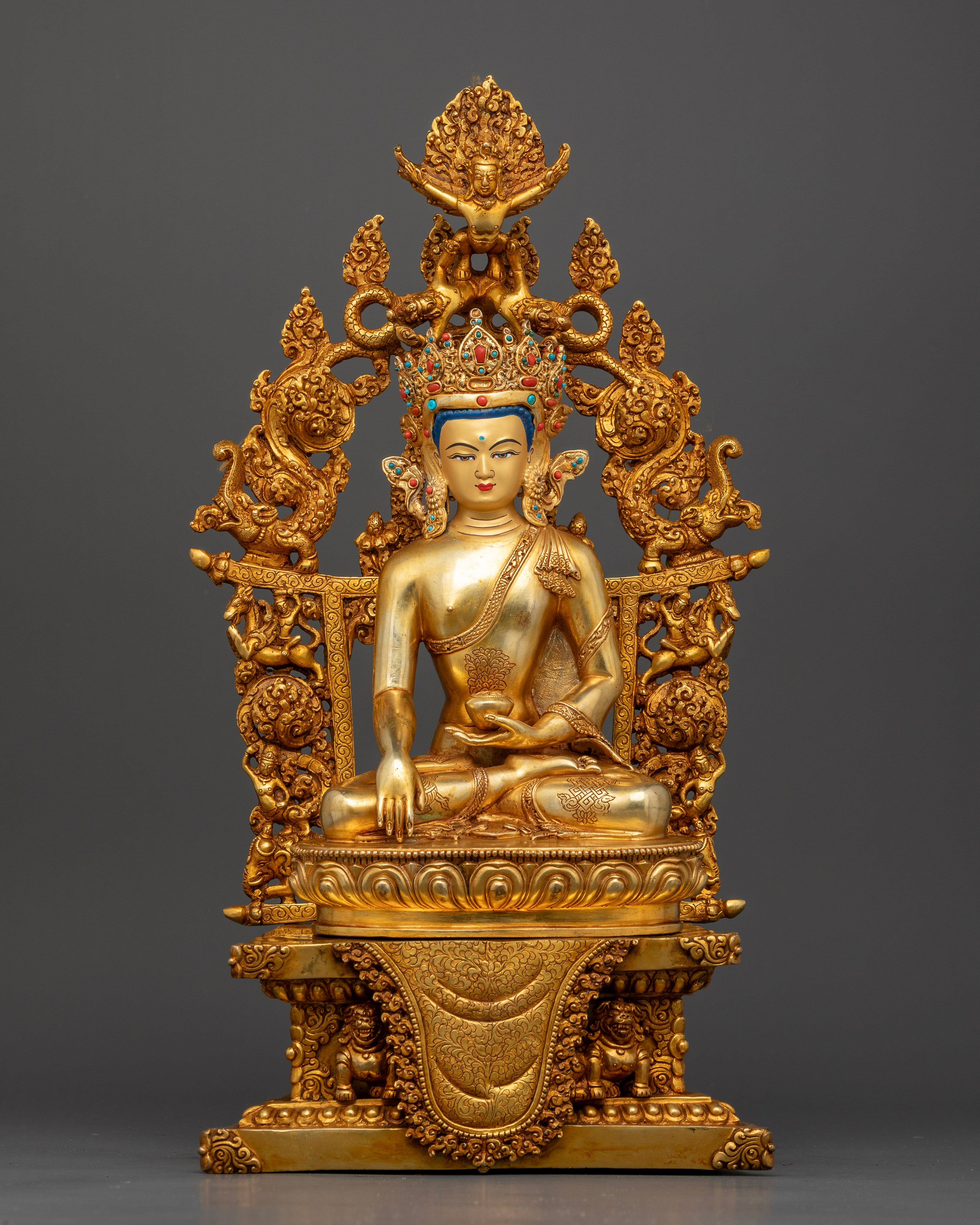 Handcrafted Crowned Shakyamuni Buddha Statue on Ornate Throne with 24K Gold Fire Gilding