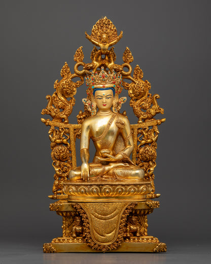 Handcrafted Crowned Shakyamuni Buddha Statue on Ornate Throne with 24K Gold Fire Gilding