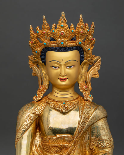 Handcrafted Crowned Shakyamuni Buddha statue with 24K gold gilding and jeweled crown
