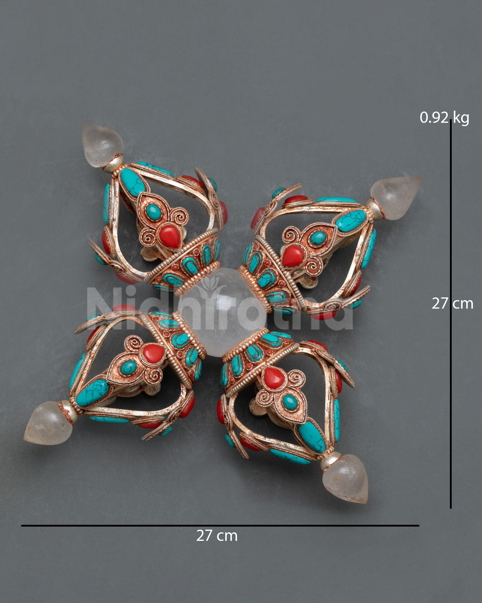 Handcrafted Double Vajra Cross Dorje Nepal turquoise coral sacred inlay art