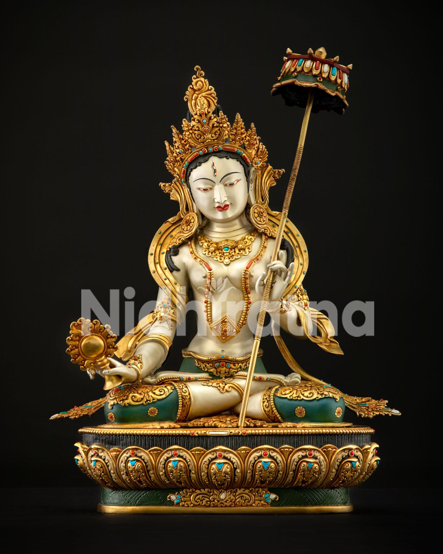 Handcrafted Dukar statue seated on lotus pedestal — Tibetan Buddhist copper sculpture