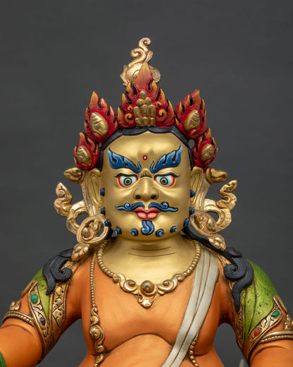 Handcrafted Dzambhala Buddhist statue with ornate crown jewelry and gold gilded copper details