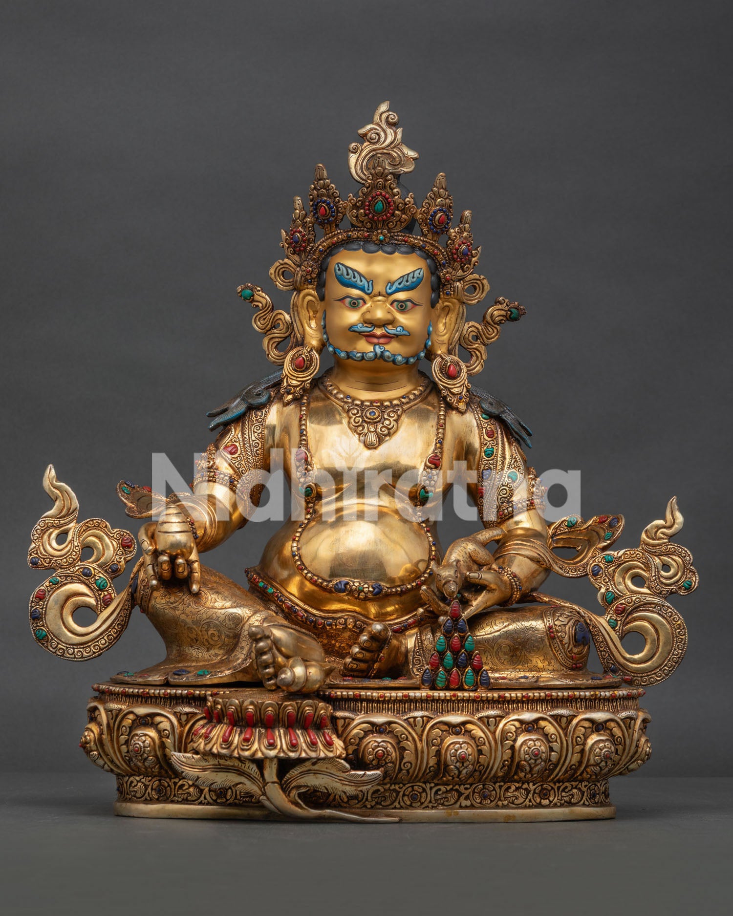 Handcrafted Dzambhala copper statue with gold-gilding, holding Chintamani jewel and jewel-spitting mongoose, Nepal