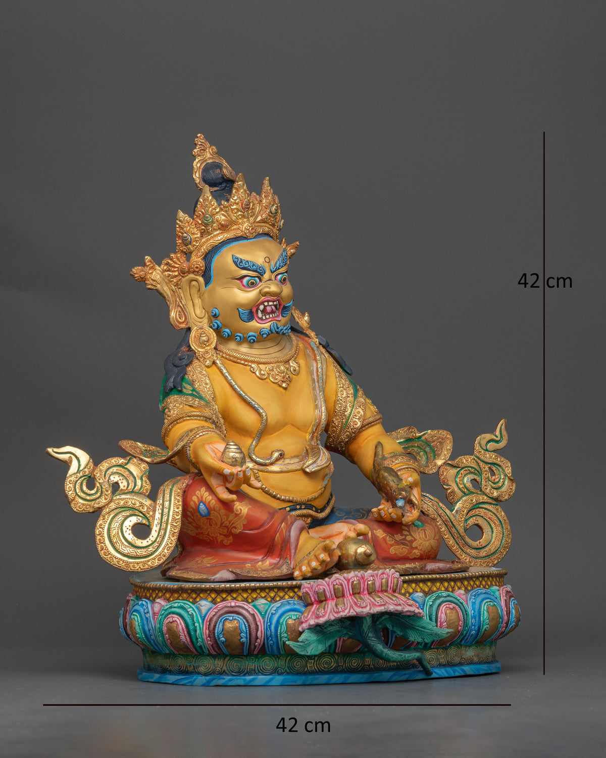 Handcrafted dzambhala statue copper gold fire gilded buddhist wealth deity.