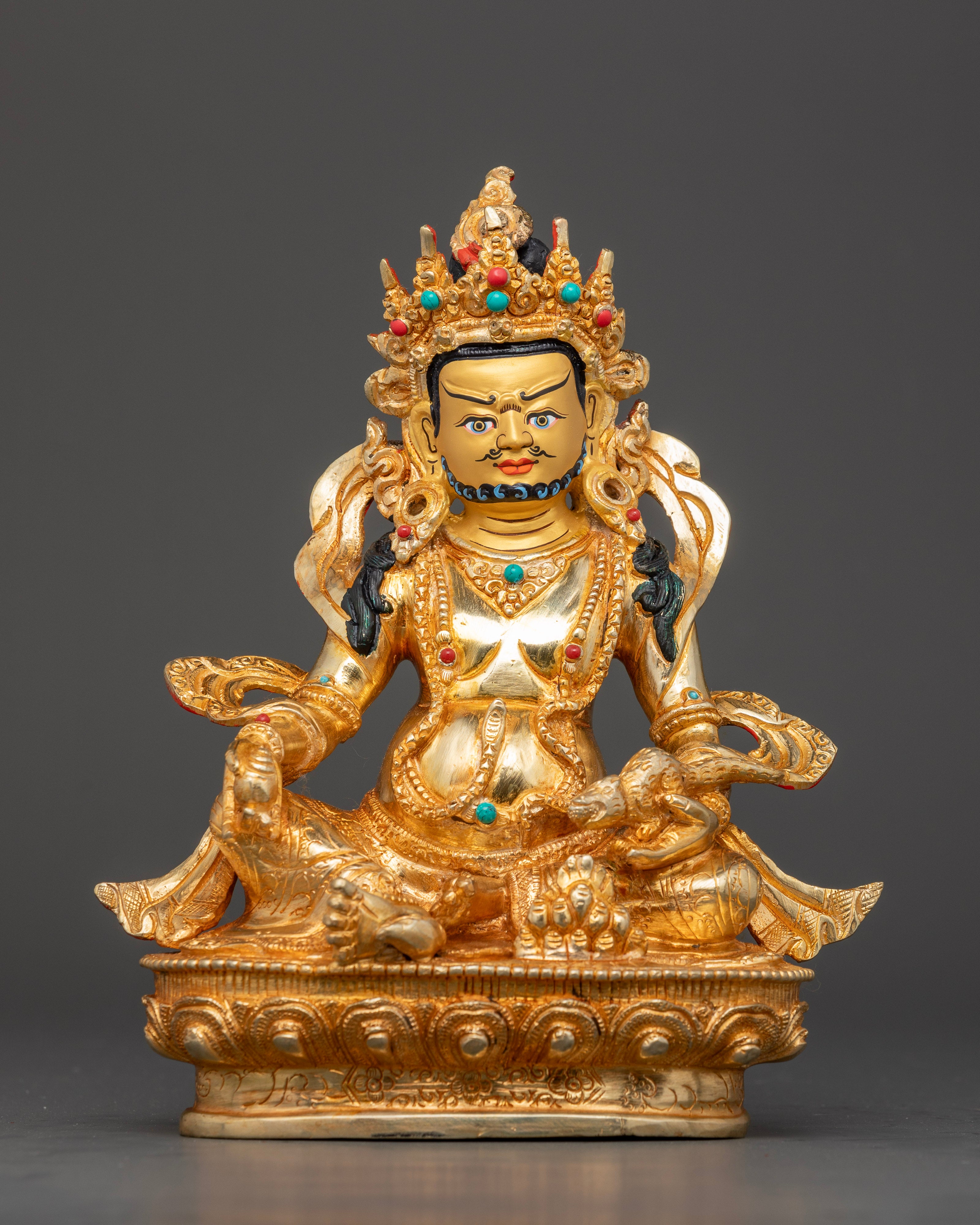 Handcrafted Dzambhala Statue with 24K gold fire gilding and lotus pedestal