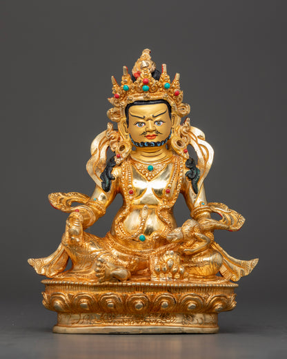 Handcrafted Dzambhala Statue with 24K gold fire gilding and lotus pedestal