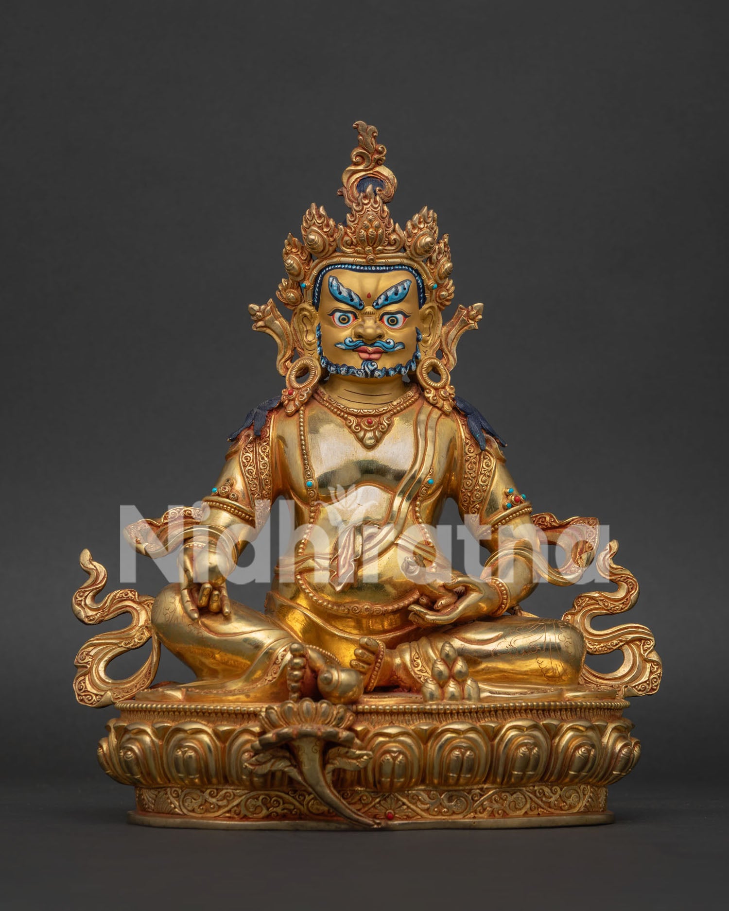 Handcrafted Dzambhala Statue with 24K gold gilded copper and semi precious stone details