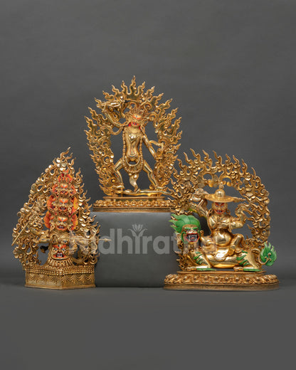 Handcrafted Ekajati Statue Set with Rahula and Dorje Legpa Gold Gilded Buddhist Protectors