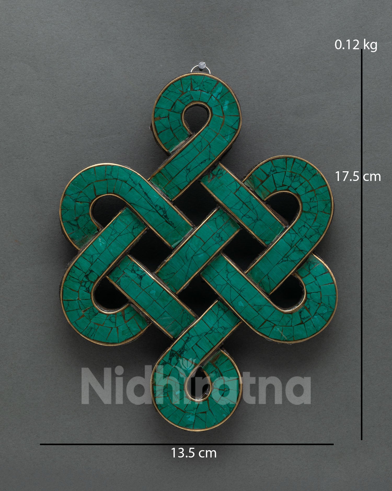 Handcrafted Endless Knot Wall Hanging with green turquoise stones and solid wood