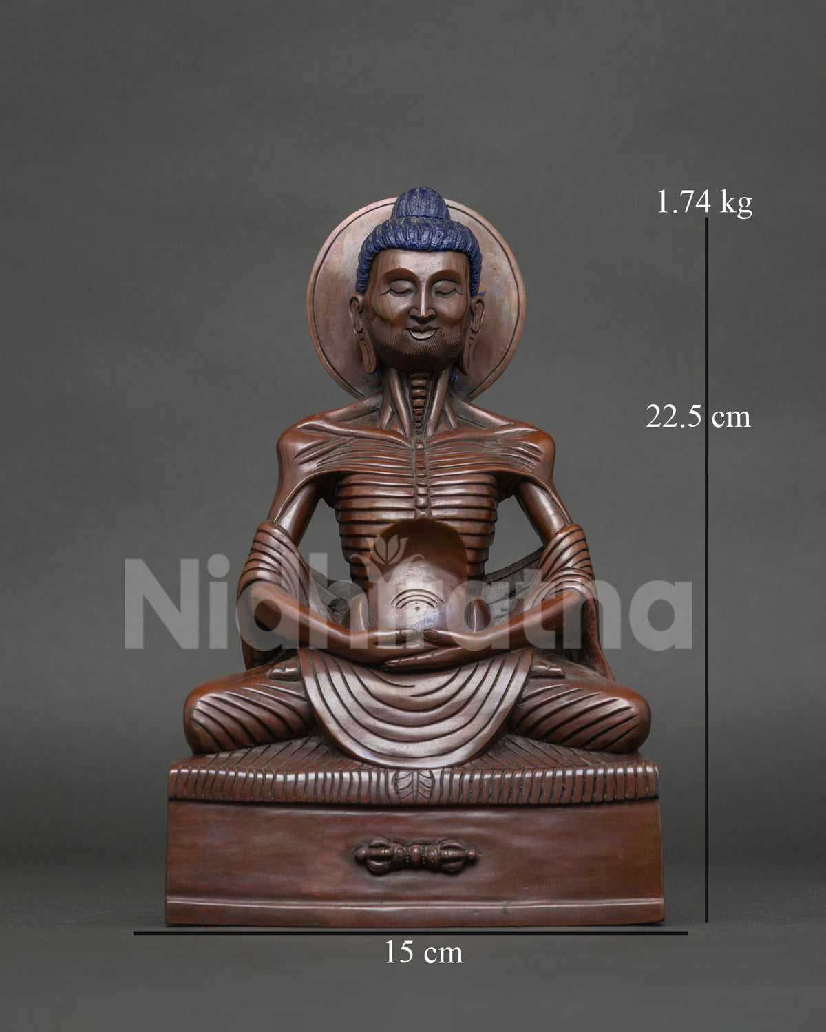 Handcrafted fasting buddha statue in copper with oxidized finish from patan nepal.