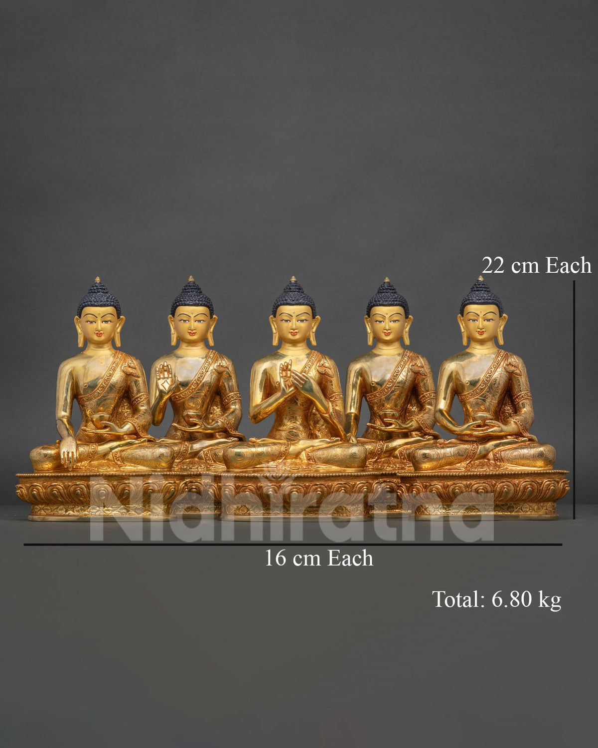 Handcrafted Five Dhyani Buddha statue set in 24K gold fire-gilded copper, seated in a row on lotus bases