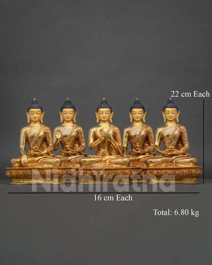 Handcrafted Five Dhyani Buddha statue set in 24K gold fire-gilded copper, seated in a row on lotus bases