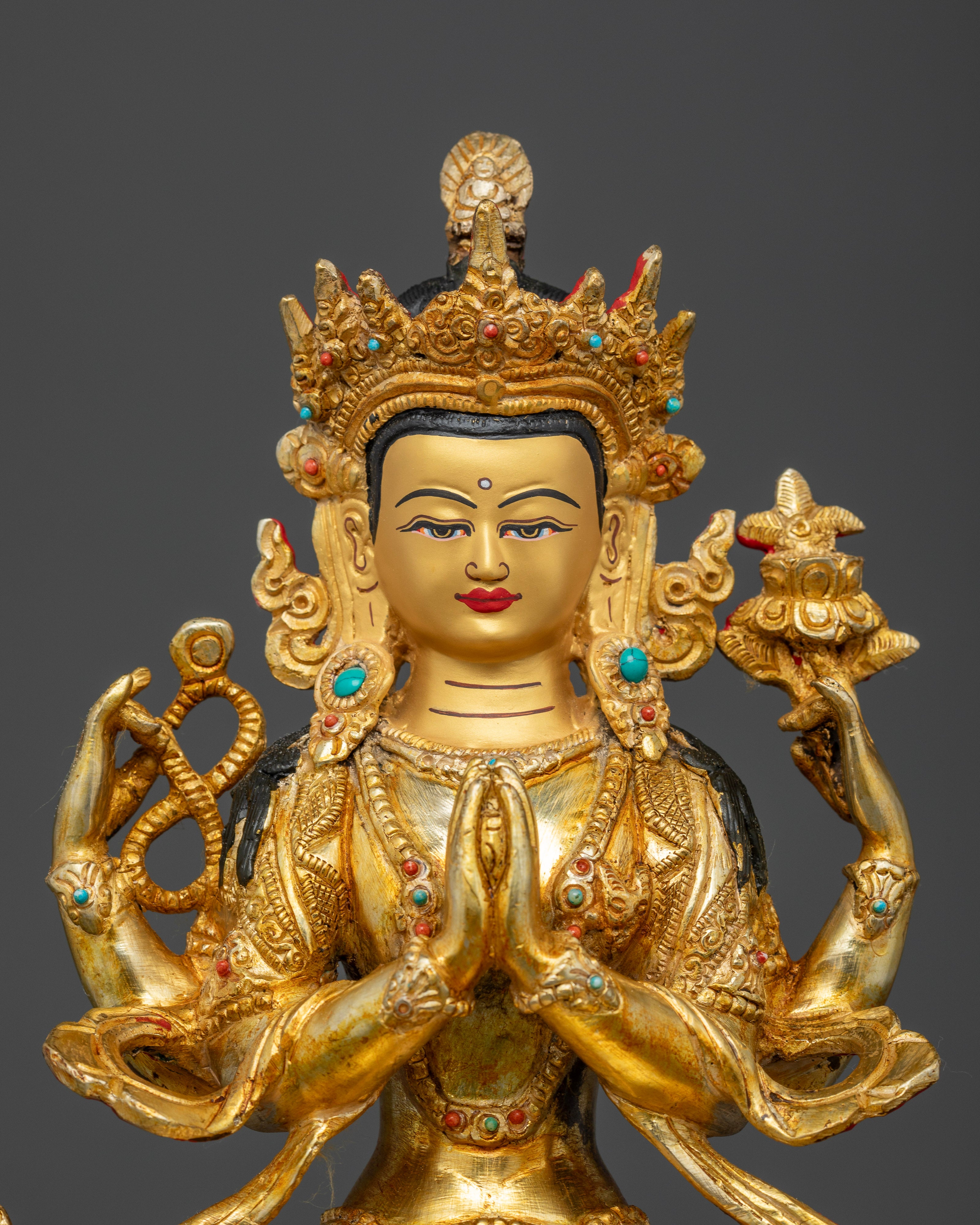 Handcrafted four-armed Chenrezig Avalokiteshvara statue with semi-precious stone inlays