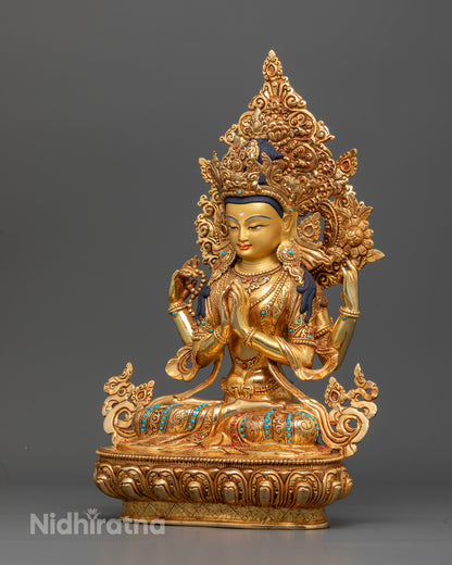 Handcrafted Four-Armed Chenrezig Statue Seated on Lotus Pedestal in Nepal.