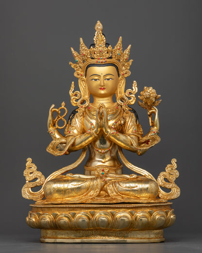 Handcrafted Four Armed Chenrezig Statue with 24K Gold Fire Gilded Copper from Nepal