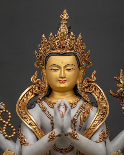 Handcrafted Four-Armed Chenrezig statue with gold gilding and gemstone details