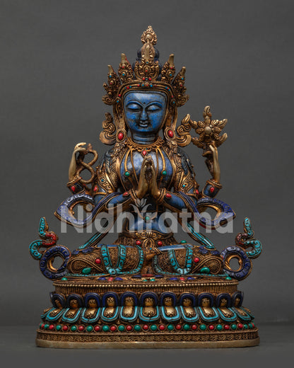 Handcrafted four armed Chenrezig statue with lapis lazuli body and gold gilded copper details