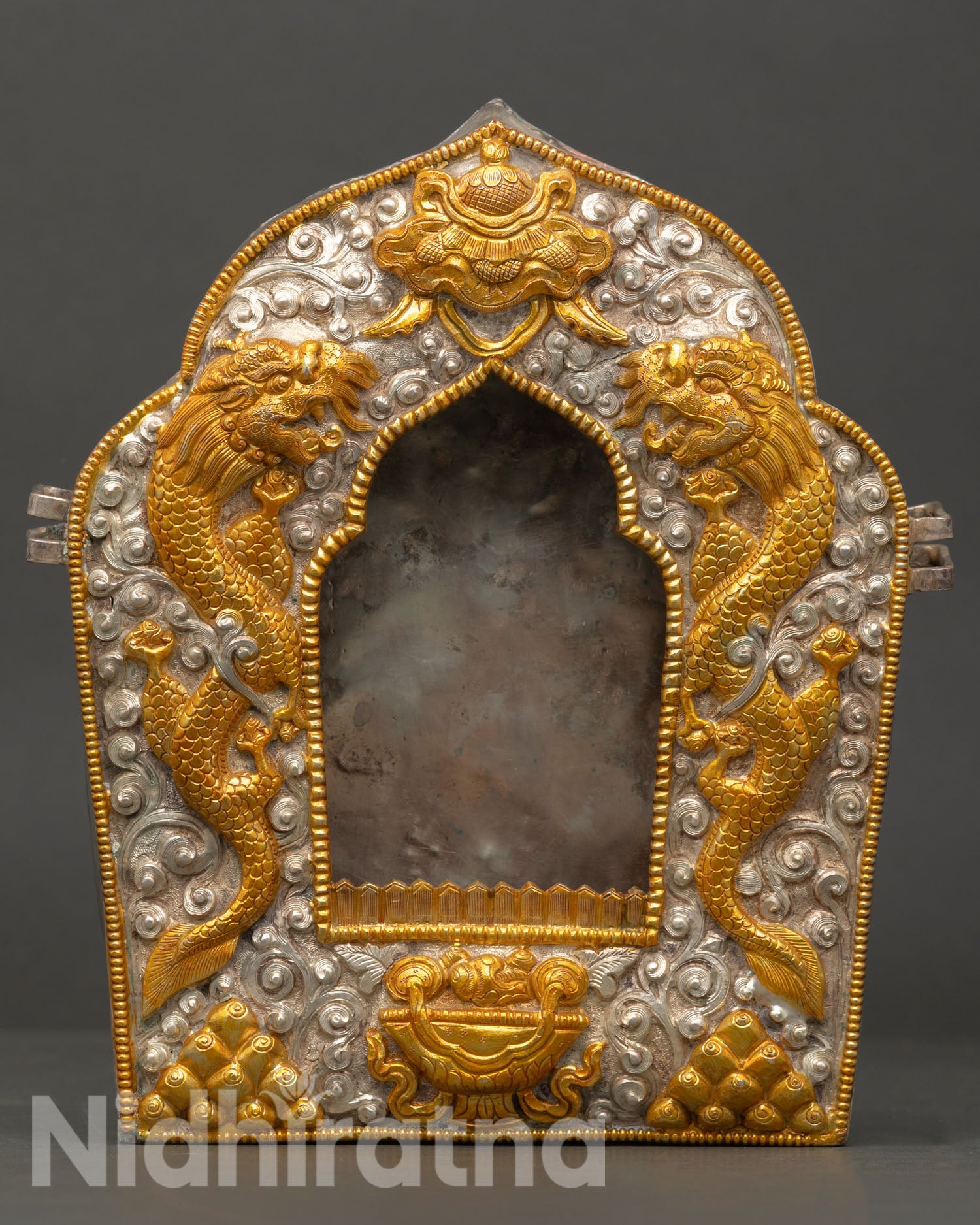 Handcrafted Ghau Box with engraved dragon and auspicious Buddhist symbols