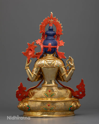 Handcrafted gold-gilded Chenrezig statue seated on lotus pedestal for Buddhist altar, meditation, and prayer.