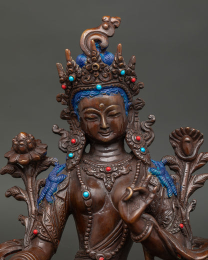 Handcrafted Green Tara Buddhist statue adorned with turquoise coral stones and five jeweled crown