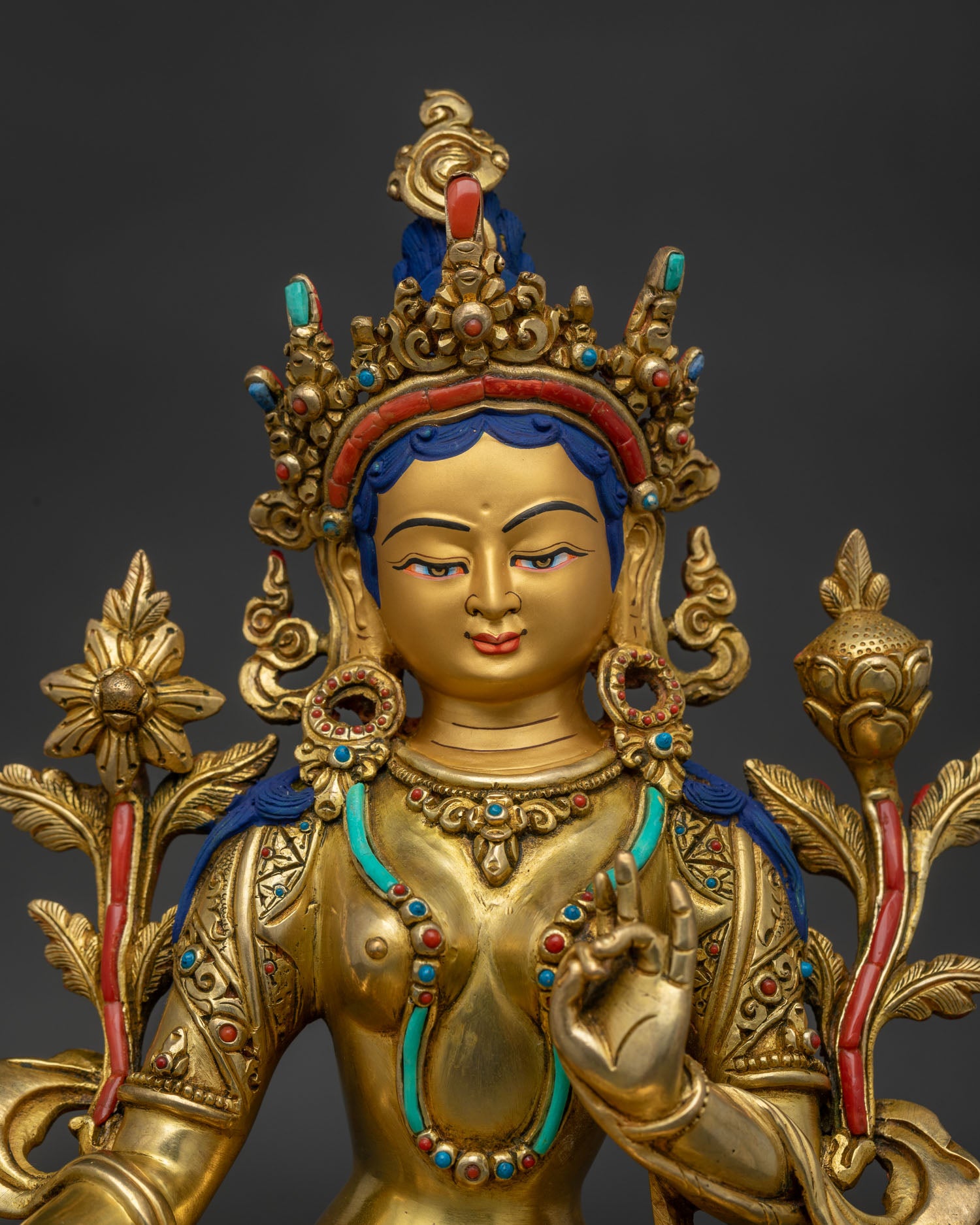Handcrafted Green Tara Buddhist Statue Close Up with Gold Gilding and Semi-Precious Stone Details