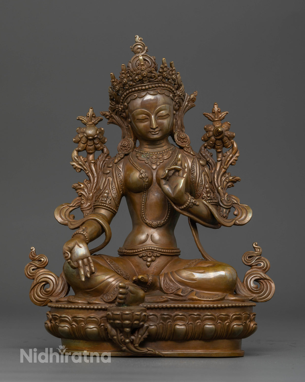 Handcrafted Green Tara statue by Newari artisans in Patan, Nepal.