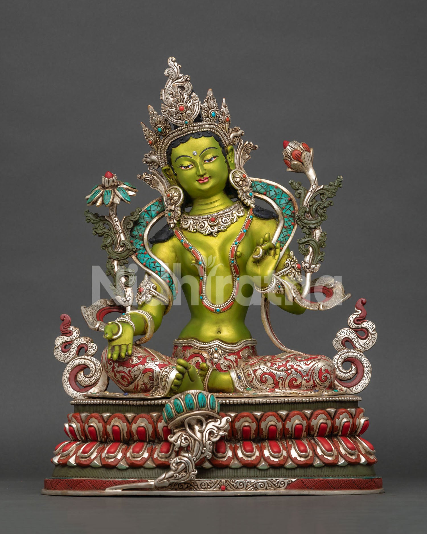 Handcrafted Green Tara Statue from Patan, Nepal, with copper body, silver accents, semi-precious stones, and green acrylic details