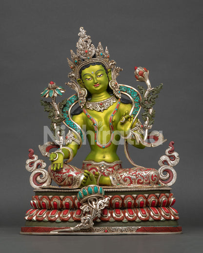 Handcrafted Green Tara Statue from Patan, Nepal, with copper body, silver accents, semi-precious stones, and green acrylic details
