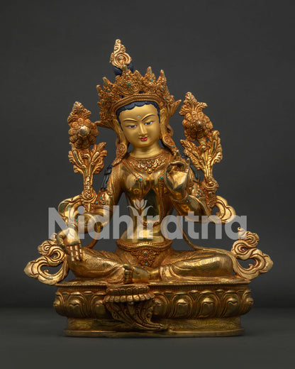 Handcrafted Green Tara Statue in gold gilded copper with gold painted face from Nepal
