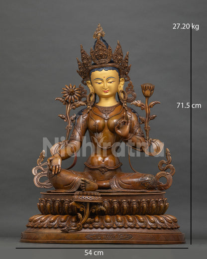 Handcrafted Green Tara statue in lalitasana, gold-painted face, double lotus throne, Nepal copper art
