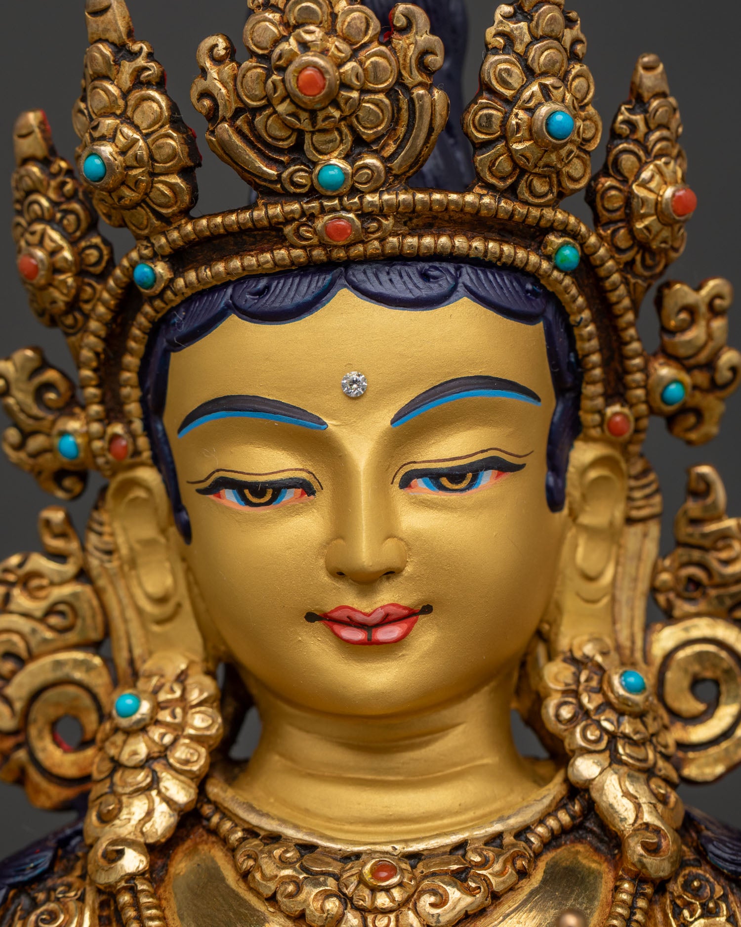 Handcrafted Green Tara Statue Newari Copper Art Patan Nepal 24K Gold Painted Face.