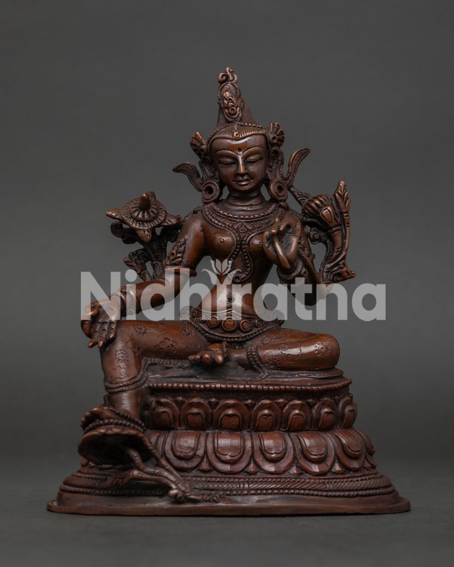 Handcrafted Green Tara Statue with Oxidized Copper Finish on Double Lotus Pedestal.