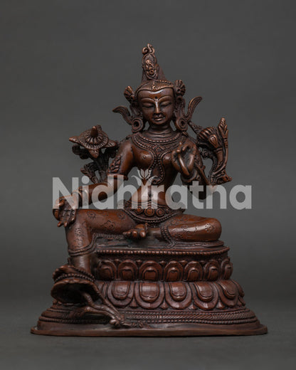 Handcrafted Green Tara Statue with Oxidized Copper Finish on Double Lotus Pedestal.