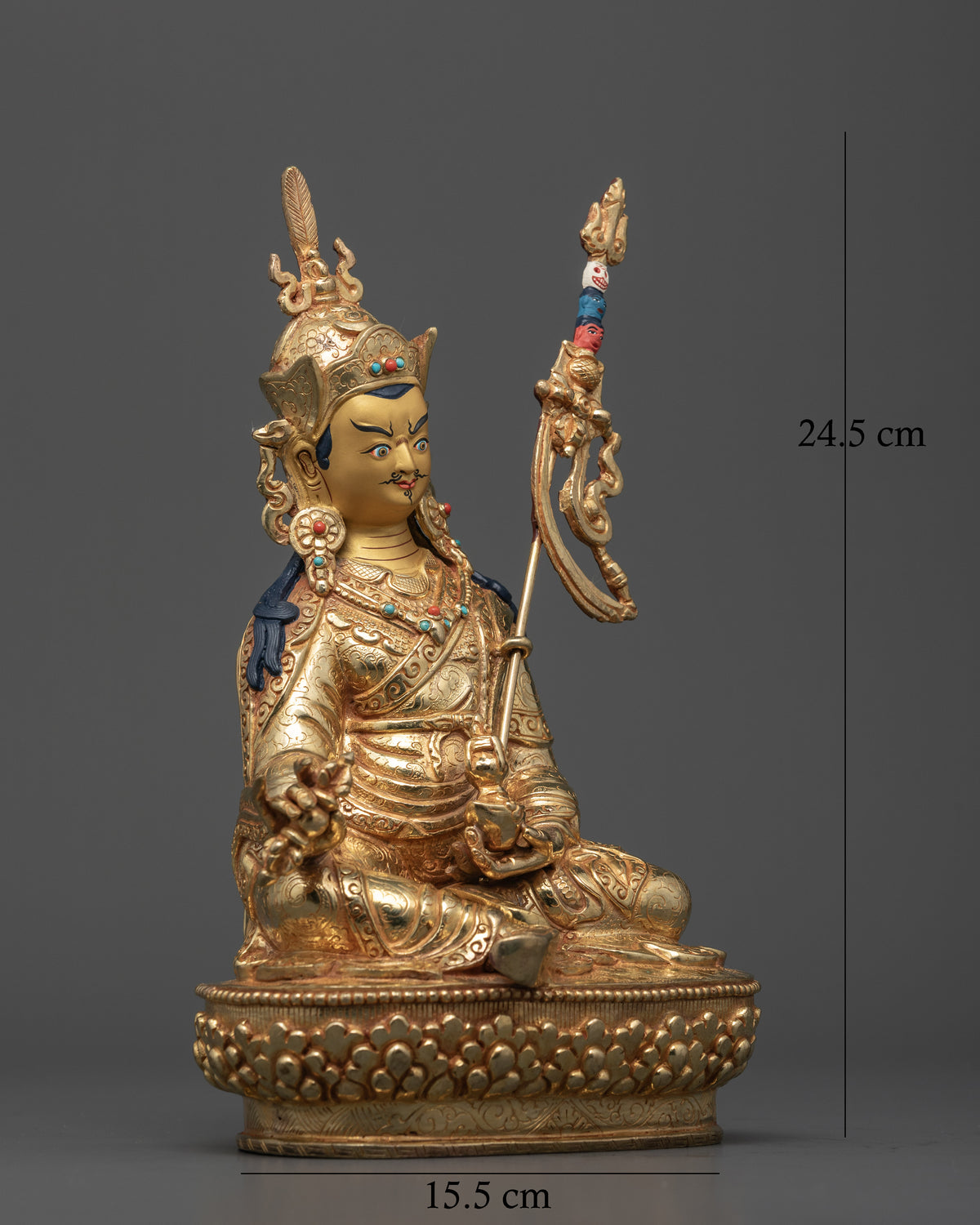 Handcrafted Guru Padmasambhava Buddhist statue seated on a blooming lotus pedestal