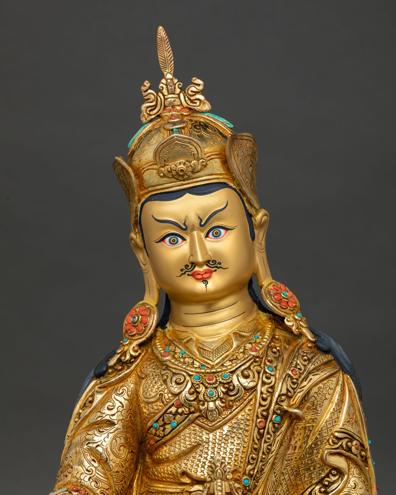 Handcrafted Guru Padmasambhava Statue Gold Gilded Copper Buddhist Art