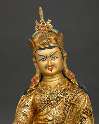 Handcrafted Guru Padmasambhava Statue Gold Gilded Copper Buddhist Art