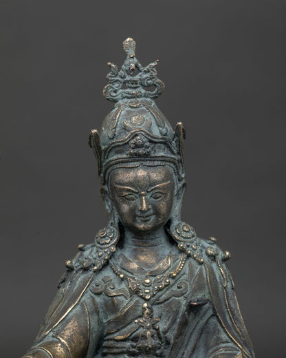 Handcrafted Guru Rinpoche bronze statue from Nepal regular close-up view