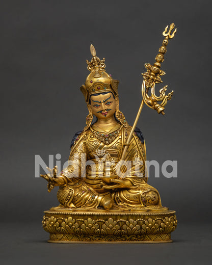 Handcrafted Guru Rinpoche Padmasambhava Statue with gold fire gilded copper finish from Nepal