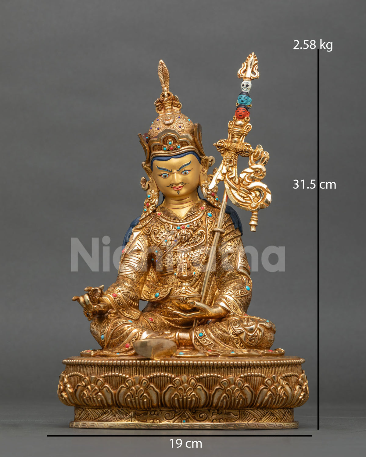 Handcrafted Guru Rinpoche statue front view in 24K gold fire-gilded copper with turquoise inlays