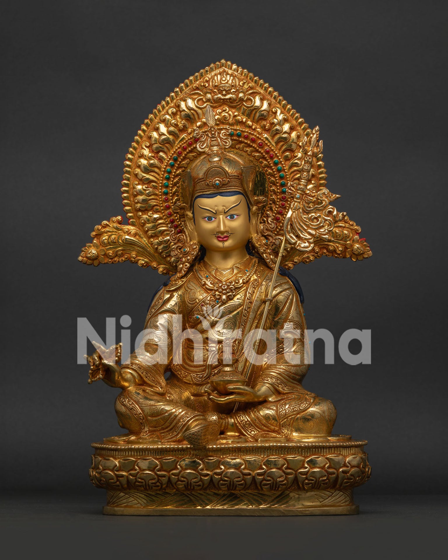 Handcrafted Guru Rinpoche Statue in 24K gold gilded copper from Patan, Nepal.