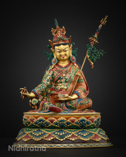 Handcrafted Guru Rinpoche statue seated in royal posture, 24K gold fire-gilded with acrylic colors