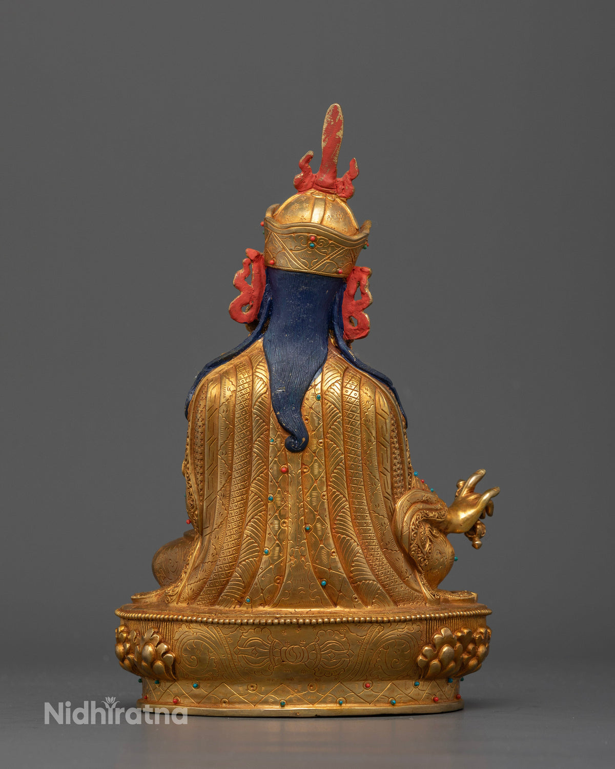 Handcrafted Guru Rinpoche Statue with carved royal garments and lotus throne