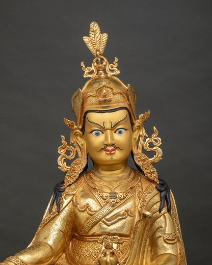 Handcrafted Guru Rinpoche Statue with Luminous Gold Gilding and Layered Robes, Nepal