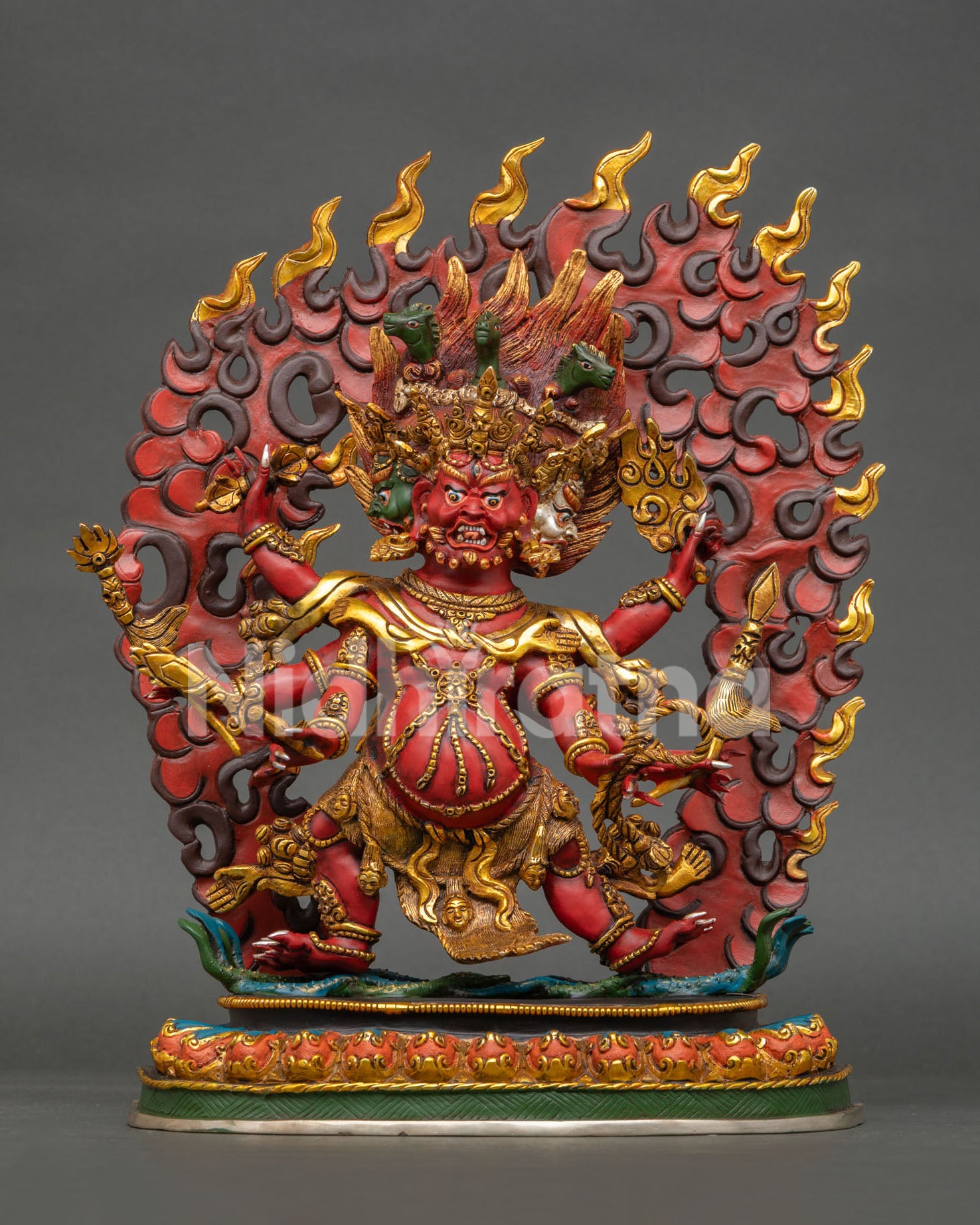 Handcrafted Hayagriva Statue from Nepal featuring six arms, copper craftsmanship, acrylic details, and blazing flame aureole.