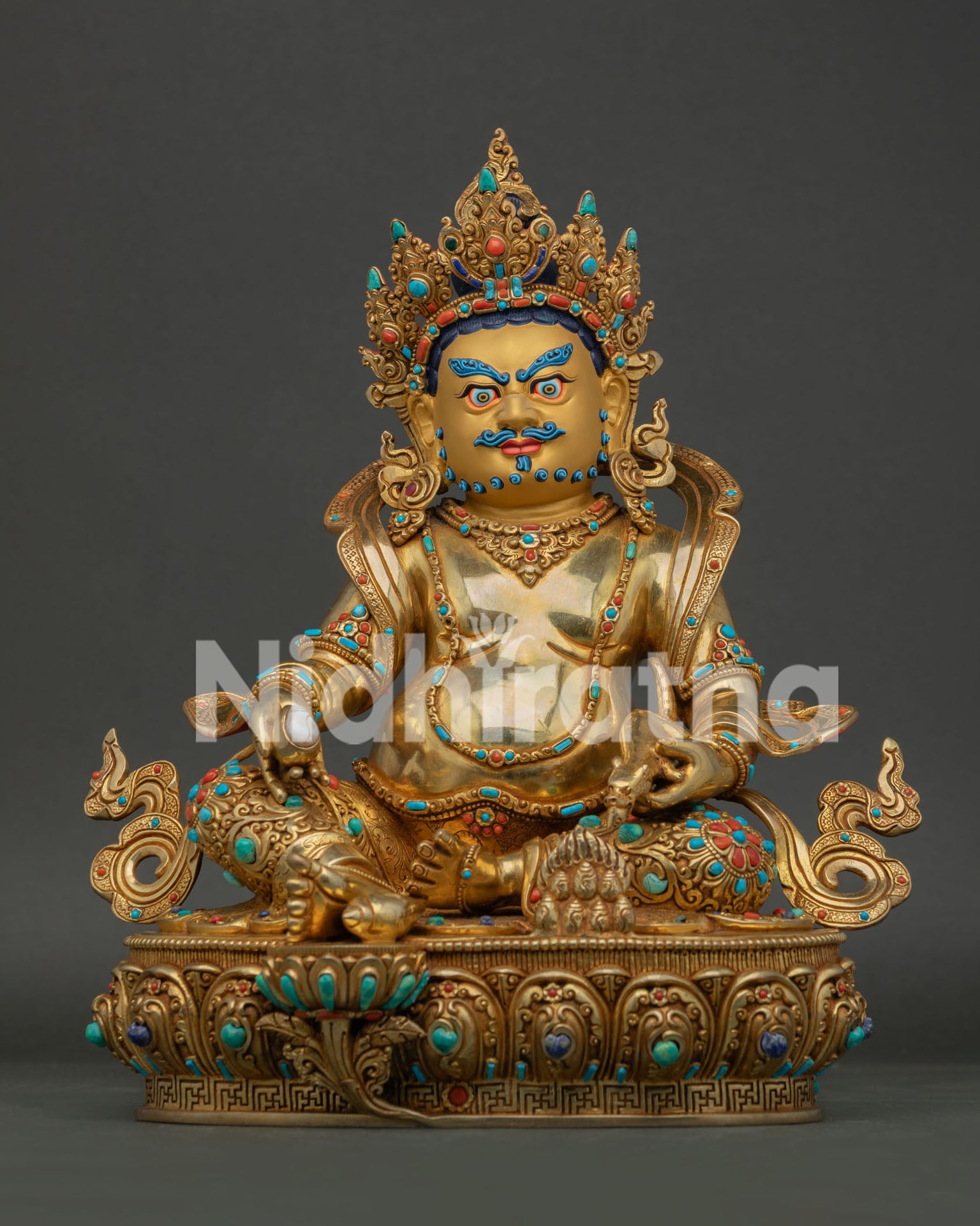 Handcrafted Jambhala Statue with 24K gold face fire gilded copper and turquoise coral inlays front view