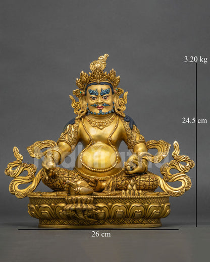 Handcrafted Jambhala Wealth God statue front view, 24K gold-gilded Nepali Buddhist sculpture