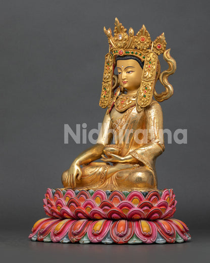 Handcrafted Jowo Rinpoche Statue from Nepal with 24K gold gilded copper body, gold painted face, and sacred Buddhist details.
