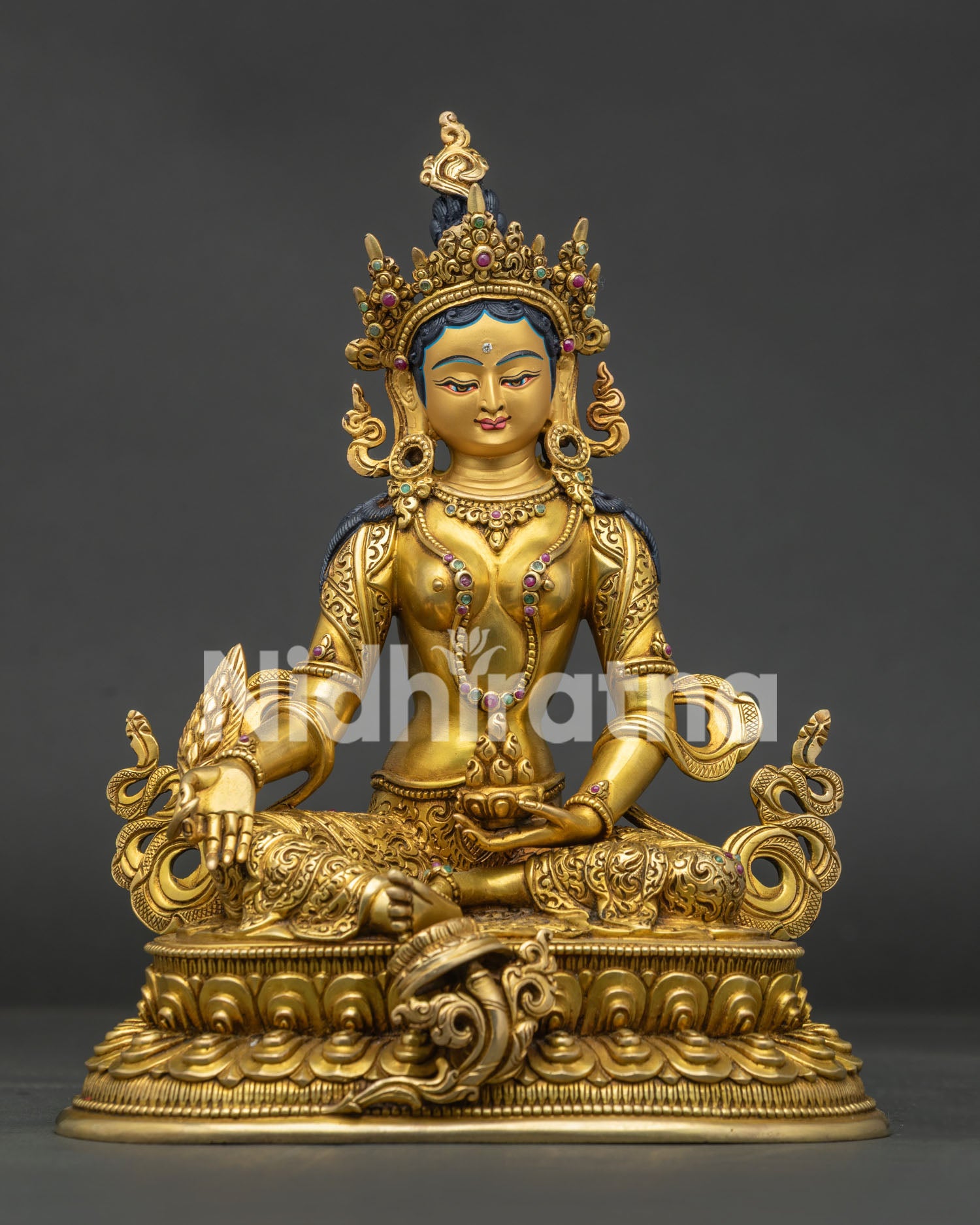 Handcrafted Kshitigarbha statue with 24K gold fire gilding on a double lotus pedestal, made in Nepal